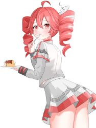 1girl :t absurdres ahoge ass black_sleeve_cuffs blush bow drill_hair eating food from_behind grey_jacket grey_skirt hair_between_eyes hair_bow hair_ribbon hands_up highres holding holding_plate holding_spoon jacket kasane_teto kasane_teto_(sv) layered_sleeves leaning_forward long_sleeves looking_at_viewer looking_back midriff_peek miniskirt plate pout pudding red_eyes red_hair red_skirt red_trim ribbon simple_background skirt skirt_set solo spoon striped_clothes striped_skirt striped_sleeves sweat synthesizer_v transparent_background twin_drills utau white_bow white_ribbon y_vdo