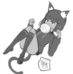 1girl animal_ear_fluff animal_ears ball cat_ears cat_tail dark-skinned_female dark_skin food greyscale hair_ornament hairclip hood hoodie looking_at_viewer lying mad_mex monochrome original paw_pose sketch solo tail takis