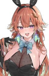 Rule 34 | 1girl, :d, animal ear hairband, animal ears, appleseed (appleseed art), aqua bow, aqua bowtie, armpit crease, black gloves, black leotard, bow, bowtie, breasts, cleavage, earrings, fake animal ears, feather earrings, feathers, gloves, hairband, hand up, highres, hololive, hololive english, jewelry, large breasts, leotard, long hair, multicolored hair, open mouth, orange hair, playboy bunny, purple eyes, rabbit ear hairband, rabbit ears, see-through cleavage, see-through clothes, simple background, smile, solo, streaked hair, takanashi kiara, very long hair, virtual youtuber, white background