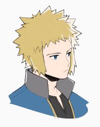 1boy black_shirt blonde_hair blue_eyes blue_jacket closed_mouth commentary_request creatures_(company) game_freak high_collar highres jacket male_focus mocollie nintendo pokemon pokemon_dppt shirt short_hair sideburns simple_background solo upper_body volkner_(pokemon) white_background