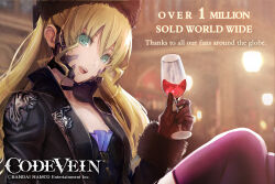 1girl artist_request black_choker black_hat black_jacket blonde_hair blurry blurry_background choker code_vein copyright_logo copyright_notice cup depth_of_field drinking_glass english_text fur_trim gloves green_eyes hat highres holding indoors jacket long_hair long_sleeves looking_at_viewer mia_karnstein milestone_celebration official_art open_mouth silver_trim sitting smile solo teeth thank_you twintails upper_teeth_only wine_glass