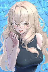 1girl bare_shoulders black_one-piece_swimsuit blonde_hair blush breasts brown_eyes glasses highres large_breasts long_hair looking_at_viewer one-piece_swimsuit open_mouth original pool smile solo sthk swimsuit tongue tongue_out upper_body water
