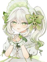 1girl blush bow dress frilled_wristband genshin_impact gradient_hair green_bow green_eyes green_hair hair_between_eyes hair_bow hair_ornament highres janedoe_1229 leaf_hair_ornament long_hair multicolored_hair nahida_(genshin_impact) open_mouth pointy_ears side_ponytail smile solo symbol-shaped_pupils white_dress white_hair