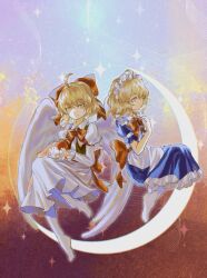 2girls aeginflash ahoge apple apron back_bow belt black_vest blonde_hair blue_dress bow bowtie brown_background closed_mouth collared_dress colorful_background commentary_request dress feathered_wings food fruit full_body gengetsu_(touhou) hair_between_eyes hair_bow hand_on_own_chest hand_up highres holding holding_food holding_fruit juliet_sleeves long_sleeves looking_at_another looking_to_the_side maid_headdress mugetsu_(touhou) multiple_girls no_shoes open_clothes open_vest orange_background pantyhose puffy_short_sleeves puffy_sleeves purple_background rainbow red_belt red_bow red_bowtie short_hair short_sleeves siblings sisters sitting smile sparkle_background touhou touhou_(pc-98) vest white_apron white_dress white_pantyhose wings yellow_eyes
