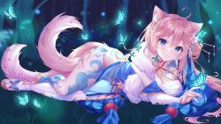 1girl :3 absurdres ahoge animal_ears artist_request bandaged_chest bandages blue_eyes breast_press breasts bug butterfly feet fingernails full_body grass highres insect japanese_clothes kimono large_breasts leahkitties_(vtuber) leg_tattoo long_hair looking_at_viewer multiple_tails nails nekomata night pink_hair sandals sharp_fingernails smile tail tattoo toes traditional_youkai virtual_youtuber
