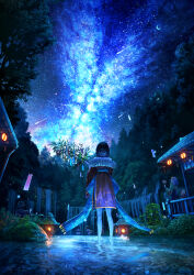 2girls black_hair crescent_moon forest highres holding japanese_clothes kimono lantern milky_way moon multiple_girls nature night original outdoors scenery short_hair shrine shuu_illust sky standing star_(sky) starry_sky tanabata tree