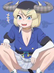 1girl absurdres animal_ears black_fur black_hair blonde_hair blue_eyes blue_jacket blue_skirt breasts cow_ears cow_girl cow_horns cow_tail elbow_gloves fingerless_gloves fur_trim gloves gold_choker gyumaou_(kemono_friends) hair_between_eyes highres horns jacket kemono_friends multicolored_hair open_mouth plaid_clothes plaid_skirt pleated_skirt rest_in_muni short_sleeves sidelocks skirt smile socks solo squatting tail white_gloves white_skirt white_socks