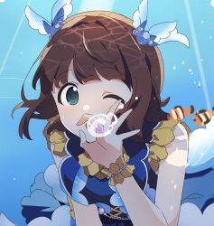 1girl :o amami_haruka ap_bar blowing_bubbles bracelet brown_hair clownfish dress fish frilled_dress frilled_sleeves frills green_eyes hair_ornament idolmaster idolmaster_(classic) jewelry ok_sign one_eye_closed open_mouth short_hair short_sleeves solo tropical_fish underwater