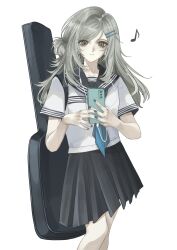1girl absurdres alternate_costume alternate_hair_length alternate_hairstyle black_nails black_sailor_collar black_skirt blue_neckerchief breast_pocket cellphone closed_mouth earphones eighth_note facing_viewer feet_out_of_frame grey_eyes guitar_case hair_bun hair_ornament hairclip highres holding holding_phone instrument_case instrument_case_on_back kk_kekong long_hair looking_at_phone looking_down miniskirt musical_note neckerchief phone pleated_skirt pocket reverse:1999 sailor_collar school_uniform serafuku shirt short_sleeves single_side_bun skirt smartphone solo vertin_(reverse:1999) white_background white_shirt