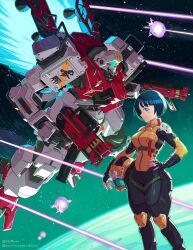 1girl absurdres assault_visor black_hair blue_eyes bluesky_username blush_stickers bodysuit breasts closed_mouth commentary dual_wielding english_commentary english_text everest_(lancer_rpg) explosion feet_out_of_frame flying gm_custom green_visor gun gundam gundam_gquuuuuux hand_on_own_hip helmet highres holding holding_gun holding_weapon lancer_rpg large_breasts laser mecha mecha_pilot_suit mobile_suit normal_suit_(gundam) orange_bodysuit peyton_gee pilot_helmet planet robot science_fiction shiiko_sugai short_hair skin_tight smile space space_helmet spacesuit standing star_(sky) thrusters twitter_username two-tone_bodysuit unworn_headwear unworn_helmet weapon