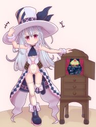 Rule 34 | 1girl, absurdres, bare shoulders, blue boots, boots, breasts, doyagao, emil chronicle online, gluteal fold, hat, highleg, highleg leotard, highres, kamishibaiya iris, leotard, purple eyes, rna0, simple background, small breasts, smug, standing, standing on one leg, thighhighs, white hat, white leotard, white thighhighs, wristband