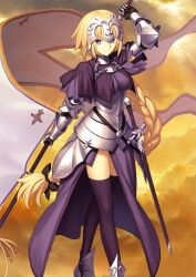 Rule 34 | 1girl, arm above head, armor, armored boots, banner, belt, black belt, black bow, black gloves, blonde hair, blue eyes, boots, bow, braid, breasts, capelet, chain, closed mouth, crossed legs, dress, elbow gloves, fate/grand order, fate (series), feet out of frame, front slit, gauntlets, gloves, headpiece, holding, holding banner, holding behind back, jeanne d&#039;arc (fate), jeanne d&#039;arc (ruler) (fate), long hair, looking at viewer, luminosite eternelle, official art, orange background, purple capelet, purple dress, purple thighhighs, sheath, sheathed, short sleeves, sidelocks, single braid, smile, solo, standing, sword, sword of st. catherine (fate), takeuchi takashi, thighhighs, third-party source, underbust, variant set, very long hair, weapon