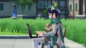 1boy 1girl 3d animated ass sound bench bent_over blush bouncing_breasts braid breasts computer genshin_impact hat hetero laptop leotard looking_away looking_back mona_(genshin_impact) outdoors pantyhose paper parody sitting surprised town twin_braids twintails venti_(genshin_impact) video wide-eyed witch_hat