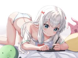 1girl absurdres all_fours ass blue_eyes blush bow breasts commentary_request downblouse drawing eromanga_sensei hair_bow highres izumi_sagiri long_hair no_pants off_shoulder panties ribbon short_sleeves silver_hair simple_background small_breasts smile solo striped_clothes striped_panties stuffed_animal stuffed_rabbit stuffed_toy stylus tablet_pc thighs top-down_bottom-up underwear white_background zeroillya