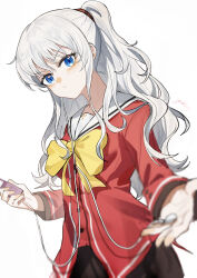 1girl absurdres blue_eyes bow bowtie charlotte_(anime) chinese_commentary collarbone commentary earphones highres holding holding_phone hoshinoumi_academy_school_uniform looking_at_viewer looking_down one_side_up phone pout reaching reaching_towards_viewer red_shirt sailor_collar school_uniform shirt signature simple_background solo tomori_nao upper_body white_background white_hair white_sailor_collar yellow_bow yellow_bowtie yisjhui