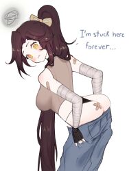 bandaged_arm bandages bandaid bandaid_on_arm bandaid_on_ass black_gloves black_panties blue_pants blush bow brown_eyes brown_hair embarrassed english_text fingerless_gloves gloves hair_bow hazel_eyes high_ponytail highres indie_virtual_youtuber long_hair pale_skin panties pants ponytail sky_above_me sky_above_me_(vtuber) sleeveless sleeveless_turtleneck teeth turtleneck underwear very_long_hair virtual_youtuber white_background yellow_bow