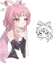 &gt;:( 1girl absurdres bare_shoulders black_dress brown_eyes chibi chibi_inset closed_mouth commentary_request dokomon dress forehead_jewel fu_xuan_(honkai:_star_rail) hair_ornament hair_rings hair_stick highres honkai:_star_rail honkai_(series) korean_commentary light_frown long_hair low_ponytail multiple_views pink_hair ponytail simple_background strapless strapless_dress v-shaped_eyebrows very_long_hair white_background