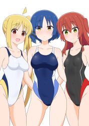 3girls absurdres anime_coloring bare_shoulders blonde_hair blue_eyes blush bocchi_the_rock! breasts competition_swimsuit covered_navel green_eyes highleg highleg_one-piece_swimsuit highres ijichi_nijika kita_ikuyo large_breasts long_hair looking_at_viewer medium_breasts mole mole_under_eye multicolored_swimsuit multiple_girls one-piece_swimsuit red_eyes red_hair simple_background small_breasts smile swimsuit usazirou539 white_background yamada_ryo yellow_eyes