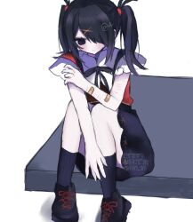 Rule 34 | 1girl, 4 (nn 1 zo), ame-chan (needy girl overdose), bad anatomy, bad hands, bandaid, bandaid on arm, black socks, blonde hair, diagonal bangs, full body, hair ornament, hair over one eye, highres, multiple scars, neck ribbon, needy girl overdose, on ground, outstretched arm, platform shoes, ribbon, scar, scar on arm, short twintails, sidelocks, sitting, skirt, socks, solo, spread fingers, suspender skirt, suspenders, twintails, white background, winged sleeves, x hair ornament