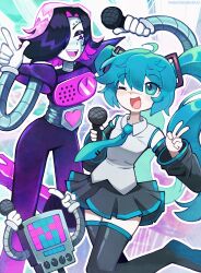 1boy 1girl :d ;d android aqua_eyes aqua_hair aqua_necktie black_sleeves boots detached_sleeves dual_persona hair_over_one_eye hatsune_miku high_heel_boots high_heels highres mettaton mettaton_ex microphone miniskirt necktie one_eye_closed open_mouth parasoru_buruu pink_boots shirt skirt smile thigh_boots thighhighs twintails undertale v vocaloid white_shirt zettai_ryouiki