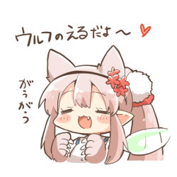 1girl animal_ears animal_hands blush_stickers brown_gloves brown_hair chibi cropped_torso elf elu_(1st_costume)_(nijisanji) elu_(nijisanji) fairy_wings gloves green_wings kemonomimi_mode long_hair lowres nijisanji paw_gloves pointy_ears rebecca_(keinelove) shirt side_ponytail simple_background solo translation_request upper_body virtual_youtuber white_background white_shirt wings