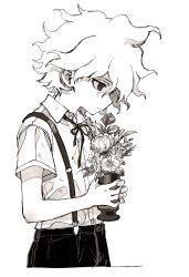 1boy absurdres aged_down closed_mouth collared_shirt commentary_request cropped_legs danganronpa_(series) danganronpa_2:_goodbye_despair empty_eyes flower from_side highres holding_vase komaeda_nagito looking_down male_focus monochrome r9rpd shirt short_hair short_sleeves simple_background solo suspenders white_background