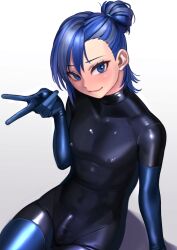 Rule 34 | 1boy, absurdres, arm support, blue eyes, blue hair, blush, bodysuit, collarbone, covered erect nipples, covered navel, from above, gloves, hair bun, head tilt, highres, kilye kairi, latex, latex bodysuit, looking up, original, penis, shadow, sitting, smile, solo, tsurime, v, white background