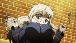 1girl alternate_breast_size animated animated_gif blonde_hair bouncing_breasts breasts glasses long_hair lowres perrine_h._clostermann screencap solo strike_witches w_arms world_witches_series