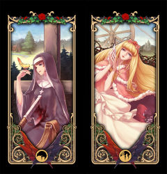 3girls art_nouveau axe bad_id bad_pixiv_id bag bird bird_on_hand black_background blonde_hair blood blood_on_clothes brown_hair cape cross cross_necklace dornroschen dress elysion flower fur_trim habit hair_flower hair_ornament highres jewelry lafrenze lips long_hair maerchen_(sound_horizon) multiple_girls necklace needle nun nun_(marchen) parted_lips pink_flower pink_rose purple_eyes red_flower red_rose rose smile sound_horizon traditional_nun weapon yeruen