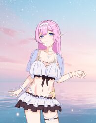 1girl bikini bikini_skirt blue_eyes blue_jacket bracelet breasts cleavage commentary_request cowboy_shot elf elysia_(honkai_impact) elysia_(miss_pink_elf)_(honkai_impact) elysia_(summer_miss_elf)_(honkai_impact) gradient_sky hairband highres honkai_(series) honkai_impact_3rd jacket jewelry large_breasts long_hair m00nf1sh necklace ocean official_alternate_costume outdoors pink_hair pointy_ears scrunchie shell shell_necklace sky solo swimsuit thigh_strap thighs white_bikini white_hairband wrist_scrunchie