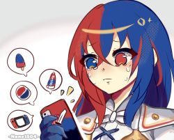 Rule 34 | 1girl, female alear (fire emblem), among us, among us eyes (meme), artist name, blue eyes, blue hair, bow, cellphone, colgate, color connection, crossed bangs, female focus, fire emblem, fire emblem engage, food, hair between eyes, heterochromia, highres, holding, holding phone, matching hair/eyes, meme, multicolored hair, nintendo, nintendo switch, none1504, pepsi, phone, popsicle, red eyes, red hair, smartphone, solo, split-color hair, sweat, tears, toothpaste, watermark, white bow