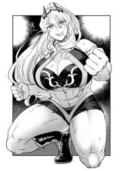1girl abs barghest_(fate) boots breasts cibamatoxins cleavage cleavage_cutout clenched_hands clothing_cutout commentary_request crop_top fate/grand_order fate_(series) full_body greyscale grin highres horns huge_breasts long_hair monochrome muscular muscular_female ponytail short_shorts shorts signature smile solo squatting sweat thick_thighs thighs twitter_username