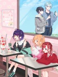 2boys 3girls :d :o ahoge aqua_jacket aqua_shoes black_bow black_hair black_jacket black_pants black_shirt black_shoes blue_eyes blue_hair blue_jacket blue_pants blue_shirt blue_sky blunt_bangs blush booth_seating bow bow-shaped_hair breast_pocket cardigan cellphone cloud collared_shirt commentary_request crop_top crossed_arms day drawstring eyelashes frilled_shirt frilled_sleeves frills grey_jacket grey_skirt hair_between_eyes hair_ornament hair_ribbon hands_up highres holding holding_phone hood hood_down hoodie indoors jacket jacket_over_hoodie jewelry kirara_tamako kirara_tamako_(2nd_costume) leaning_forward long_hair long_sleeves multicolored_hair multicolored_jacket multicolored_shoes multiple_boys multiple_girls nagisa_trout nagisa_trout_(2nd_costume) nanase_suzuna nanase_suzuna_(2nd_costume) necklace nijisanji nijuumaru_(kk_ua4) off_shoulder official_alternate_costume open_clothes open_jacket open_mouth orange_eyes orange_hair own_hands_together pants parted_bangs phone picture_frame pink_hair pink_jacket pink_shirt plaid_clothes plaid_jacket pleated_skirt pocket polka_dot_thighhighs ponytail puffy_long_sleeves puffy_sleeves purple_eyes purple_hair red_cardigan red_hair ribbon sakayori_soma sakayori_soma_(2nd_costume) saotome_berry saotome_berry_(1st_costume) saotome_berry_(2nd_costume) shirt shoes short_hair short_ponytail sidelocks sitting skirt sky sleeveless sleeveless_shirt sleeves_past_wrists smartphone smile socks spaghetti_strap speciale_(nijisanji) standing steepled_fingers strap_slip streaked_hair table taking_picture teeth thigh_strap thighhighs turtleneck twintails two-tone_jacket two-tone_shoes two_side_up upper_teeth_only virtual_youtuber wavy_hair white_hoodie white_ribbon white_shirt white_skirt white_socks white_thighhighs window x_hair_ornament