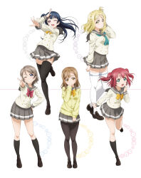 5girls 6+girls ;d aqua_eyes artbook blonde_hair blue_eyes blue_hair bow bowtie braid brown_hair cardigan crown_braid floating_hair full_body grey_hair grey_sailor_collar grey_skirt grin hair_bun hand_in_own_hair hand_on_own_hip highres kneehighs kunikida_hanamaru kurosawa_ruby leg_up loafers long_hair long_sleeves looking_at_viewer love_live! love_live!_sunshine!! miniskirt multiple_girls neckerchief non-web_source official_art ohara_mari one_eye_closed open_mouth orange_bow orange_bowtie pantyhose pleated_skirt purple_eyes red_bow red_bowtie red_hair sailor_collar school_uniform serafuku shirt shoes short_hair skirt smile socks standing standing_on_one_leg thighhighs tsushima_yoshiko twintails two_side_up uranohoshi_school_uniform v very_long_hair watanabe_you white_background winter_uniform yellow_bow yellow_cardigan yellow_eyes zettai_ryouiki