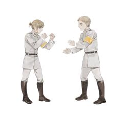 1boy 1girl aged_down annie_leonhart armband belt blonde_hair boots collared_shirt duel eye_contact fighting_stance from_side full_body highres knee_boots leather leather_boots looking_at_another luguoadeli_(maple12031) marley_military_uniform reiner_braun serious shingeki_no_kyojin shirt short_hair soldier standing
