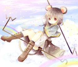 1girl animal_ears bad_id bad_pixiv_id boots dowsing_rod female_focus full_body grey_hair ichitaro jewelry mouse_ears mouse_tail nazrin outdoors rainbow red_eyes short_hair sky solo star_(symbol) tail touhou