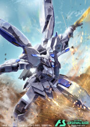 blue_sky commentary_request dual_wielding gundam gundam_arsenal_base gundam_bael gundam_tekketsu_no_orphans holding holding_sword holding_weapon looking_at_viewer mecha mecha_focus mechanical_wings mobile_suit no_humans official_art on_ground open_mouth red_eyes robot science_fiction sky soezy solo sparks sword v-fin weapon wings