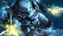 Rule 34 | absurdres, arm cannon, battle, beam cannon, bubble, claws, copyright logo, firing, gundam, gundam battle operation 2, gundam f90, highres, machinery, mecha, mecha focus, mobile suit, neo zeon, no humans, official art, one-eyed, painting (medium), realistic, rf z&#039;gok, robot, scan, science fiction, sunrise (company), tenjin hidetaka, traditional media, underwater, water, weapon, z&#039;gok