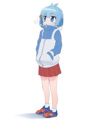 Rule 34 | 1girl, blue eyes, blue hair, blush, covered mouth, female focus, full body, hands in pockets, highres, itsumo hokuto, jacket, looking away, okayparium, red skirt, shakunetsu no takkyuu musume, short hair, skirt, socks, solo, standing, white socks