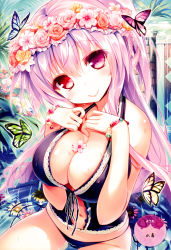 1girl absurdres bikini black_bikini bracelet breast_suppress breasts bug butterfly cleavage covered_erect_nipples female_focus flower halterneck head_wreath heterochromia highres insect jewelry large_breasts light_purple_hair long_hair purple_eyes red_eyes rose smile solo swimsuit youta