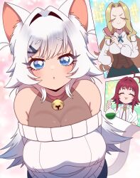 3girls absurdres bare_shoulders bell blue_eyes breasts cat_girl flask highres holding holding_brush kimi_no_koto_ga_dai_dai_dai_dai_daisuki_na_100-nin_no_kanojo large_breasts long_hair multiple_girls neck_bell nekonari_tama ohananomitsu_high_school_uniform round-bottom_flask school_uniform sleeveless sleeveless_sweater smug star_(symbol) sweater through_medium through_page utsukushisugi_mimimi white_hair yakuzen_kusuri