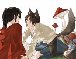1boy 1girl animal_ears black_hair black_pants blue_skirt brown_hair cloak cosplay eren_yeager facial_scar furrowed_brow green_eyes hair_between_eyes highres little_red_riding_hood little_red_riding_hood_(grimm) little_red_riding_hood_(grimm)_(cosplay) long_hair long_skirt long_sleeves looking_at_another mikasa_ackerman mushroom pants parted_bangs parted_lips picnic_basket ponytail red_cloak scar scar_on_cheek scar_on_face shingeki_no_kyojin shirt short_hair shouting skirt tail white_shirt wolf_boy wolf_ears wolf_tail zhuse_fuxianqing