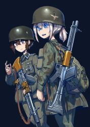 2girls ammunition_pouch battle_rifle bayonet belt blonde_hair blue_eyes breast_pocket brown_hair buttons camouflage camouflage_jacket canteen chin_strap closed_mouth collar_tabs combat_helmet commentary commission cross erica_(naze1940) fallschirmhelm fallschirmjaeger fg42 gisela_koch green_pants gun gun_sling hair_between_eyes helmet highres holding holding_gun holding_weapon iron_cross jacket load_bearing_equipment long_hair long_sleeves luftwaffe magazine_(weapon) medal mess_kit military military_combat_uniform military_jacket military_uniform multiple_girls original pants paratrooper pocket ponytail pouch rifle short_hair shoulder_boards sidelocks simple_background smile soldier swastika upper_body weapon world_war_ii