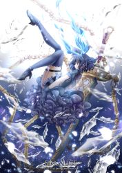 1girl alice_(sinoalice) blue_dress blue_gloves blue_hair blue_shoes blue_thighhighs dress full_body gloves hair_between_eyes headband highres holding holding_sword holding_weapon looking_to_the_side open_mouth red_eyes shards shoes short_hair sinoalice solo sword thighhighs weapon yuliana