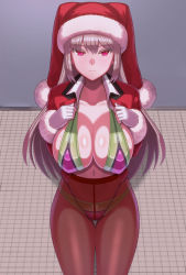 Rule 34 | 1girl, bikini, breasts, brown pantyhose, cleavage, fate/grand order, fate (series), florence nightingale (fate), florence nightingale (santa) (fate), florence nightingale (trick or treatment) (fate), fur-trimmed headwear, fur-trimmed sleeves, fur trim, green bikini, hat, highleg, highleg bikini, highres, jacket, large breasts, layered bikini, long hair, long sleeves, looking at viewer, navel, official alternate costume, pantyhose, pink hair, purple bikini, red eyes, red jacket, revealing clothes, santa costume, santa hat, shichitsufuji, swimsuit, thighs