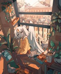 1girl angel bird book bookshelf carles_dalmau closed_eyes food halo highres indoors ivy leaf open_book pigeon pillow plant potted_plant short_hair sitting solo tree white_hair window wings