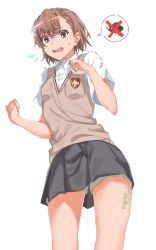 1girl asymmetrical_bangs breasts brown_eyes brown_hair brown_sweater_vest bug collared_shirt commentary_request crossed_out flying_sweatdrops grey_skirt hair_ornament hairpin highres miniskirt misaka_mikoto open_mouth pleated_skirt scared school_emblem school_uniform shirt short_hair short_sleeves shorts shorts_under_skirt sioo_1029 skirt small_breasts solo summer_uniform sweater_vest toaru_kagaku_no_railgun toaru_majutsu_no_index tokiwadai_school_uniform v-neck white_background white_shirt worm