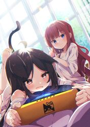 Rule 34 | 2girls, absurdres, ahoge, animal ears, backlighting, bare shoulders, barefoot, black hair, blue eyes, blunt bangs, blush, brown eyes, brown hair, cat ears, cat girl, cat tail, chromatic aberration, closed mouth, collarbone, commission, curtains, day, dutch angle, fang, feet up, game console, hair down, handheld game console, highres, holding, holding handheld game console, indoors, legs up, long hair, long sleeves, lying, multiple girls, nintendo switch, off shoulder, on bed, on stomach, open mouth, original, oversized clothes, oversized shirt, parted bangs, playing games, red eyes, red hair, shiro9jira, shirt, short sleeves, sitting, skeb commission, smile, soles, sunlight, tail, tail raised, the pose, v-shaped eyebrows, very long hair, white shirt, wide sleeves, window
