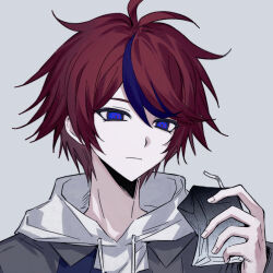 1boy blue_eyes blue_hair chinese_commentary closed_mouth commentary_request drawstring grey_background grey_jacket highres holding_juice_box hood hood_down hoodie iro_(kakerairo) jacket male_focus multicolored_hair open_clothes open_jacket portrait short_hair simple_background solo streaked_hair sumino_takumi the_hundred_line_-last_defense_academy- two-tone_hair white_hoodie