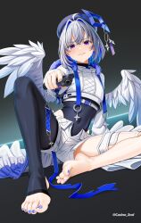 1girl ahoge amane_kanata barefoot beret blue_nails casino_(casinoep) colored_inner_hair feathered_wings grey_hair gun hat highres holding holding_gun holding_weapon hololive multicolored_hair nail_polish no_shoes purple_eyes shorts single_leg_pantyhose solo stirrup_legwear toeless_legwear toenail_polish toenails virtual_youtuber weapon white_shorts wings